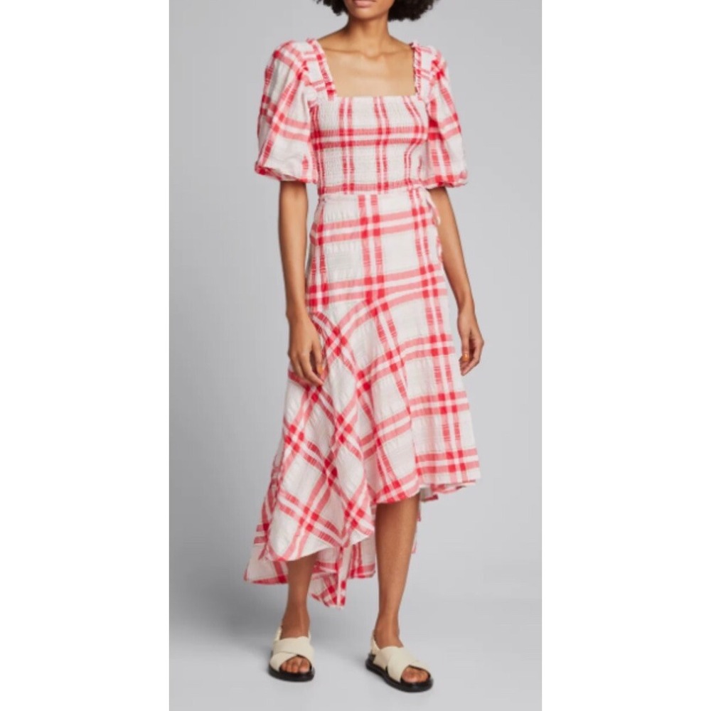 NWT Ganni Seersucker Check Hi-Low Drop waist Midi Wrap Skirt in Red White sz‎ 34